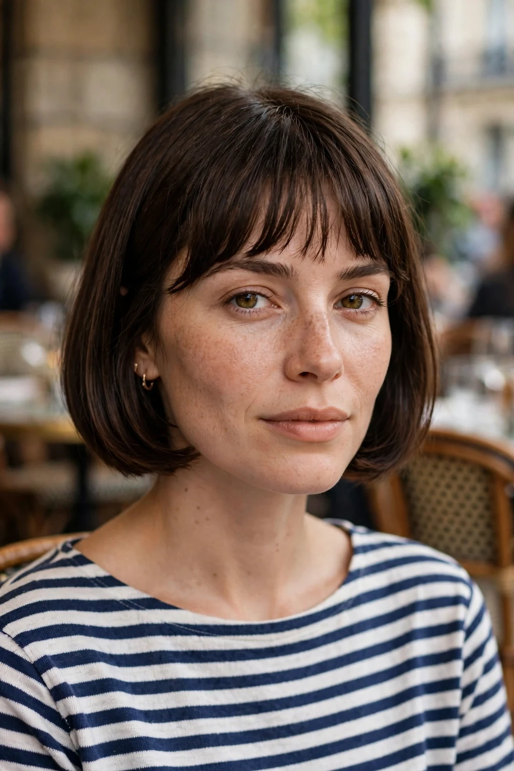 Beautiful woman with classic French bob, timeless French bob cut, elegant light.