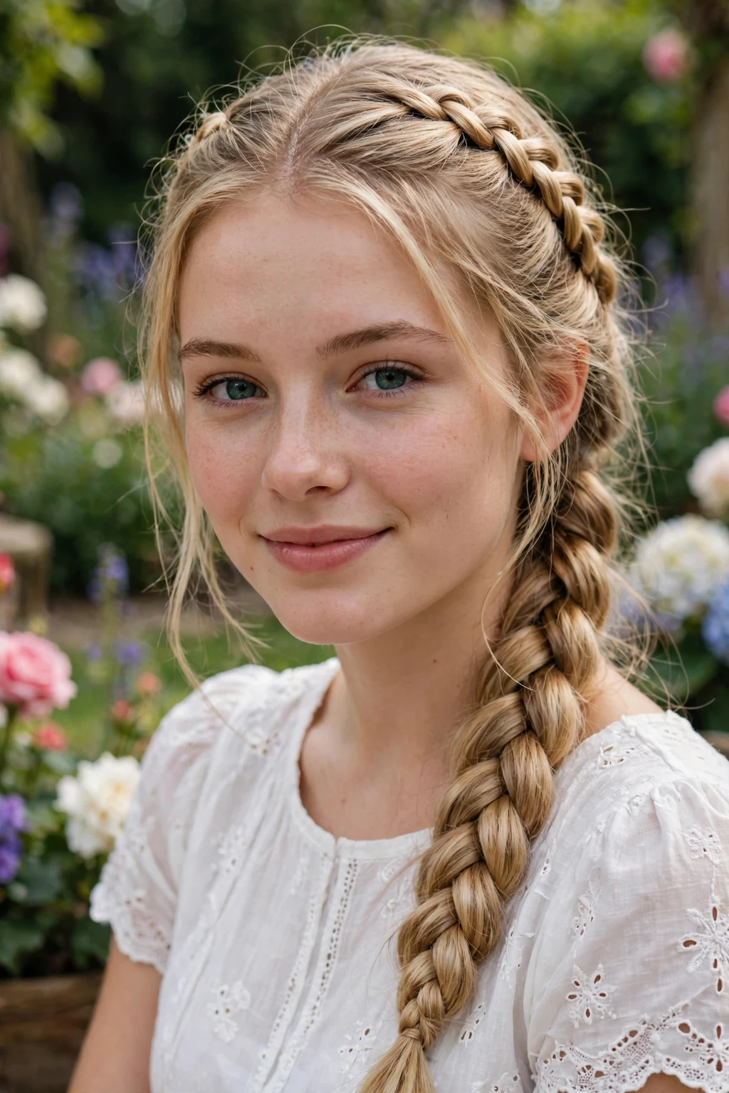 Beautiful woman with classic french braid, timeless french braid, salon light.