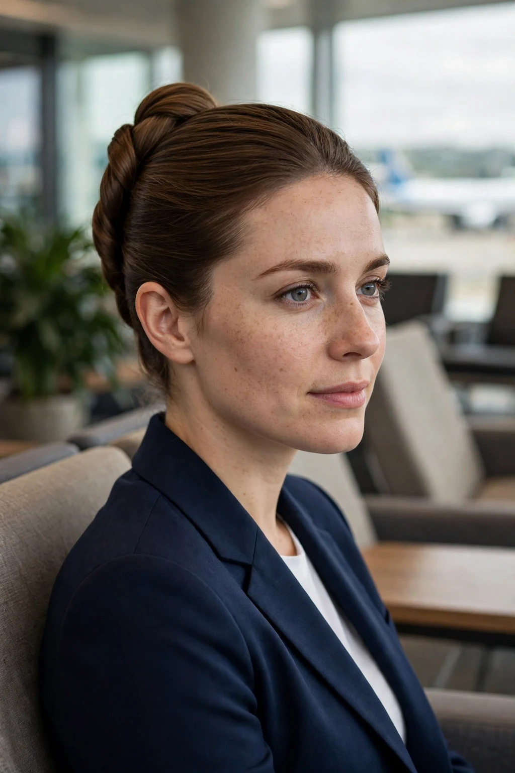 Young woman with a classic French twist hairstyle in an airport lounge, wearing a navy suit.