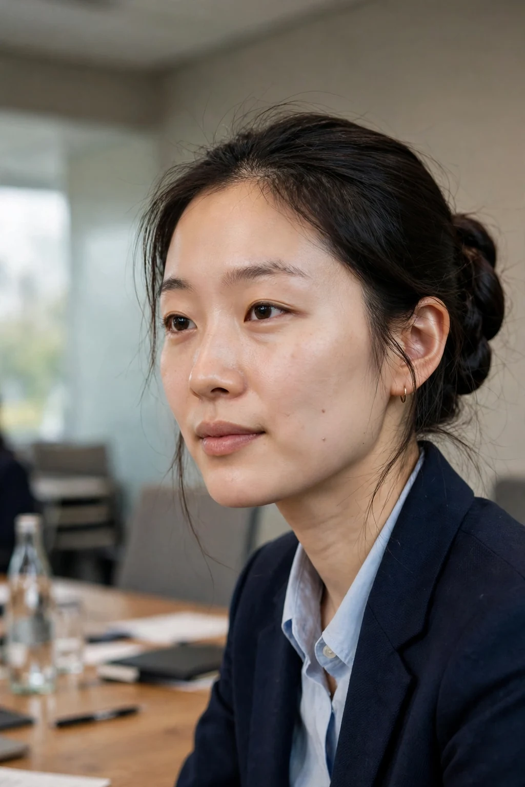 Young professional woman with a classic french twist hairstyle, wearing professional attire in an office setting.