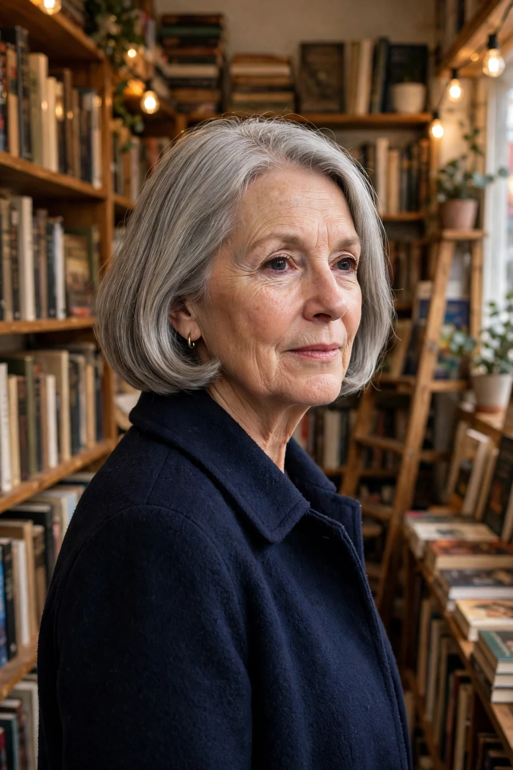 A mature woman in her sixties with a classic chin-length gray bob, wearing a navy coat in a bookshop.