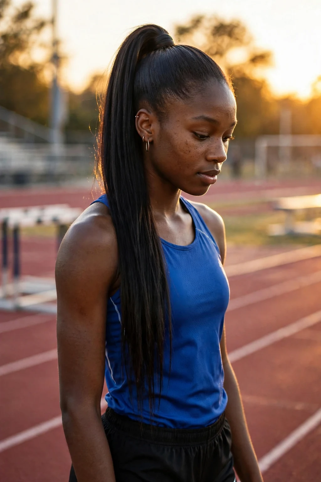A young woman athlete wearing a high ponytail on a running track.