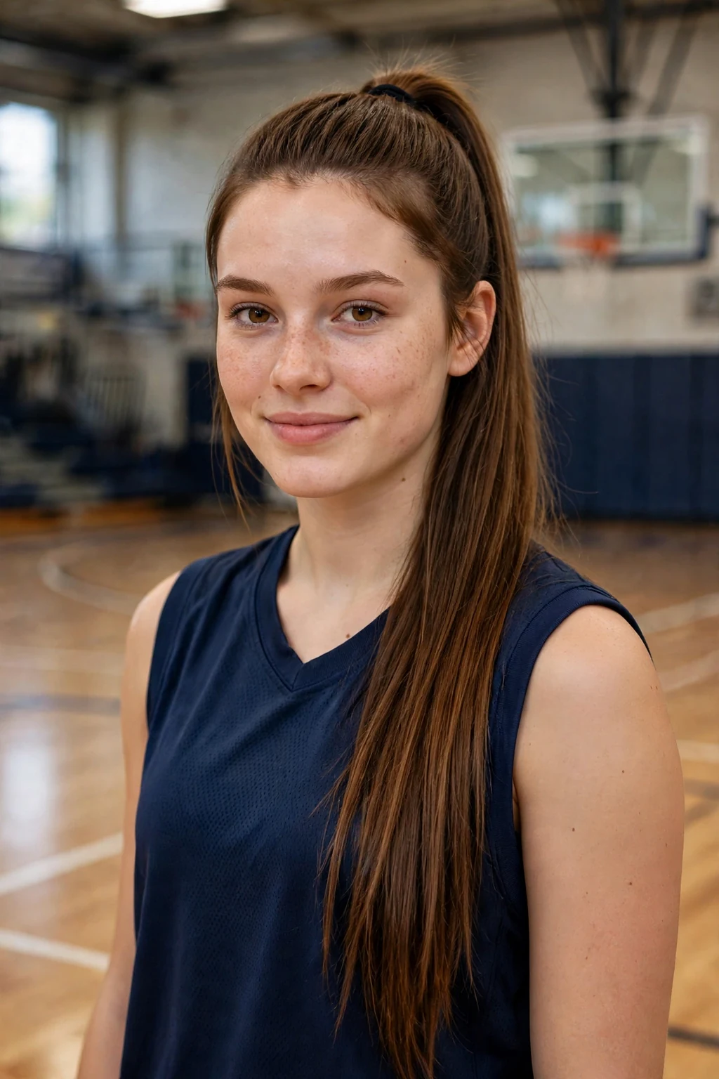 Young woman athlete with a classic high ponytail on a basketball court, wearing a navy jersey.