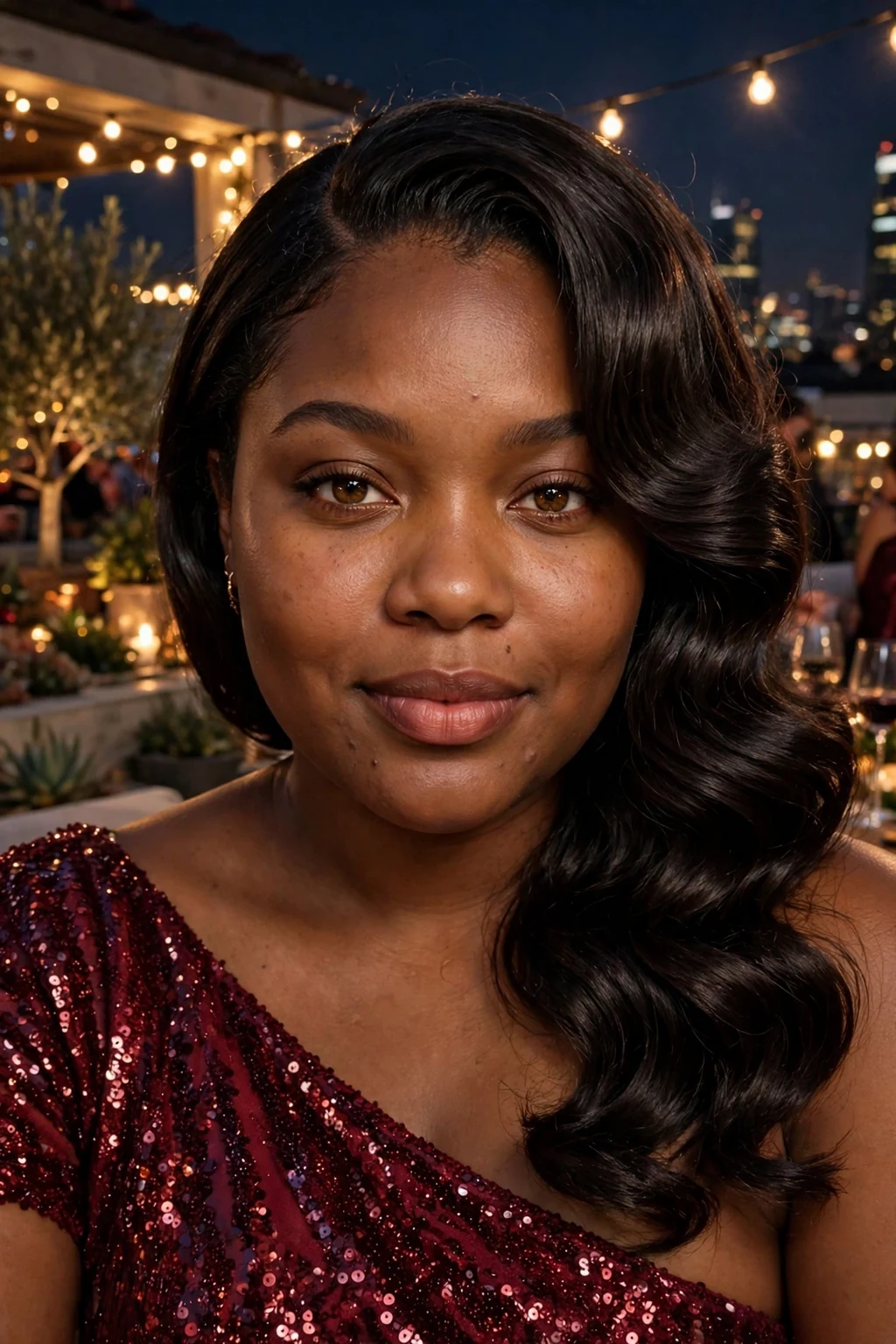 Young woman with glossy classic Hollywood waves in a burgundy sequin gown at a rooftop New Year's party.