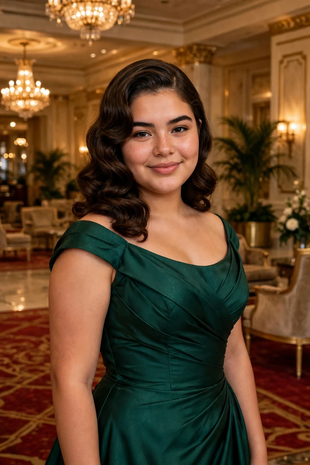 Young woman aged 19 with classic hollywood waves prom hairstyle for medium length hair, elegant formal look.