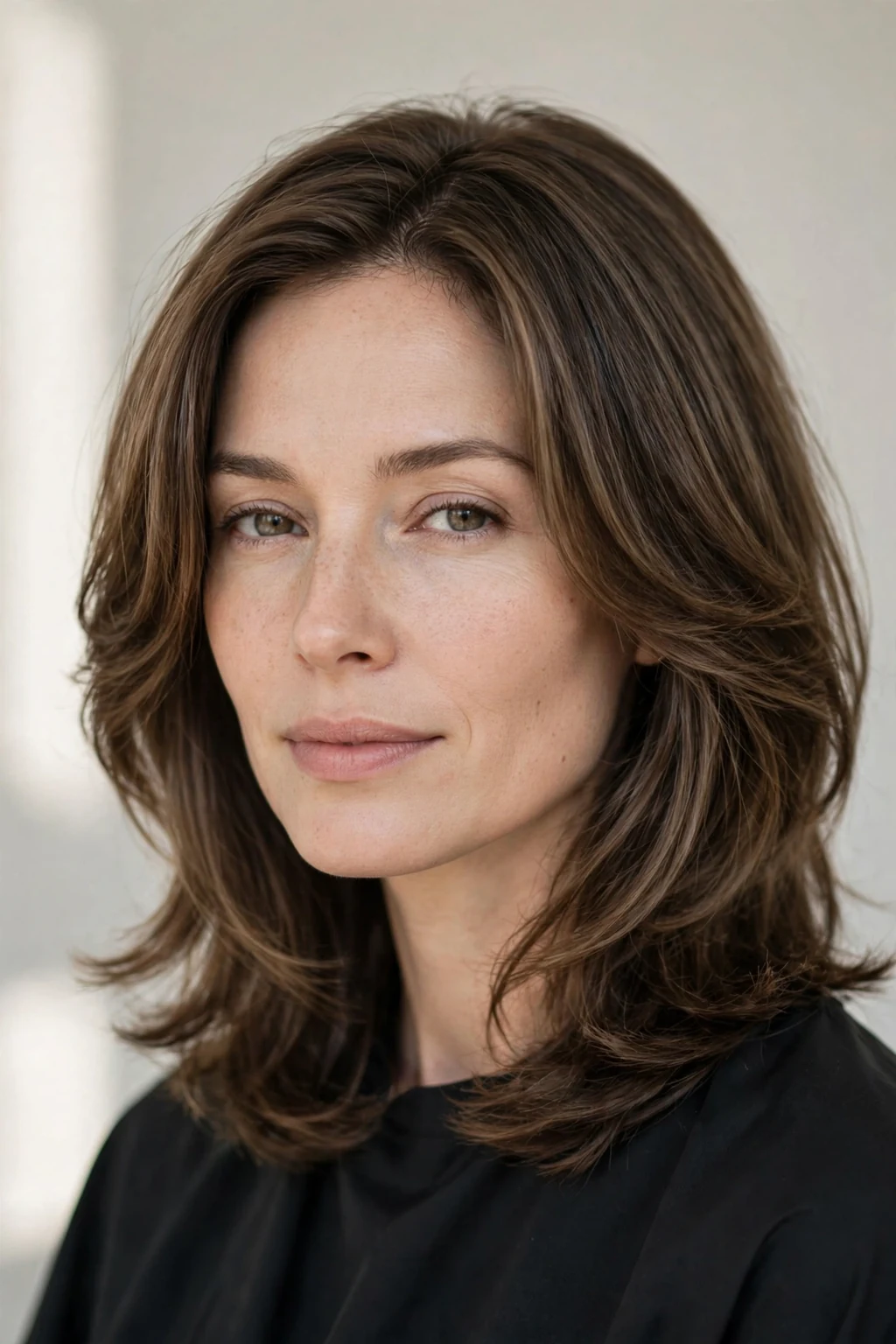 Woman with classic layered medium cut, soft timeless layers, salon light.
