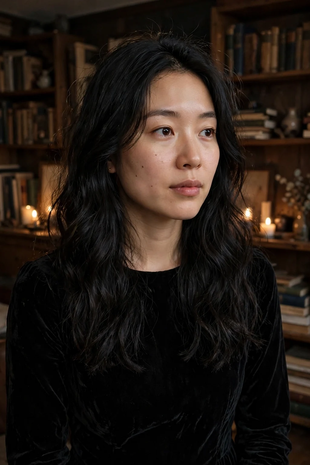 Young woman with long black witch waves in a dark velvet dress standing in a candlelit room.