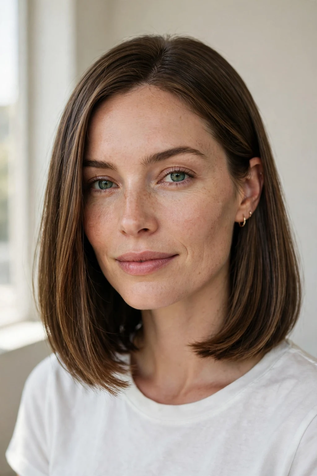 Woman with classic long bob, timeless collarbone-length cut, salon light.