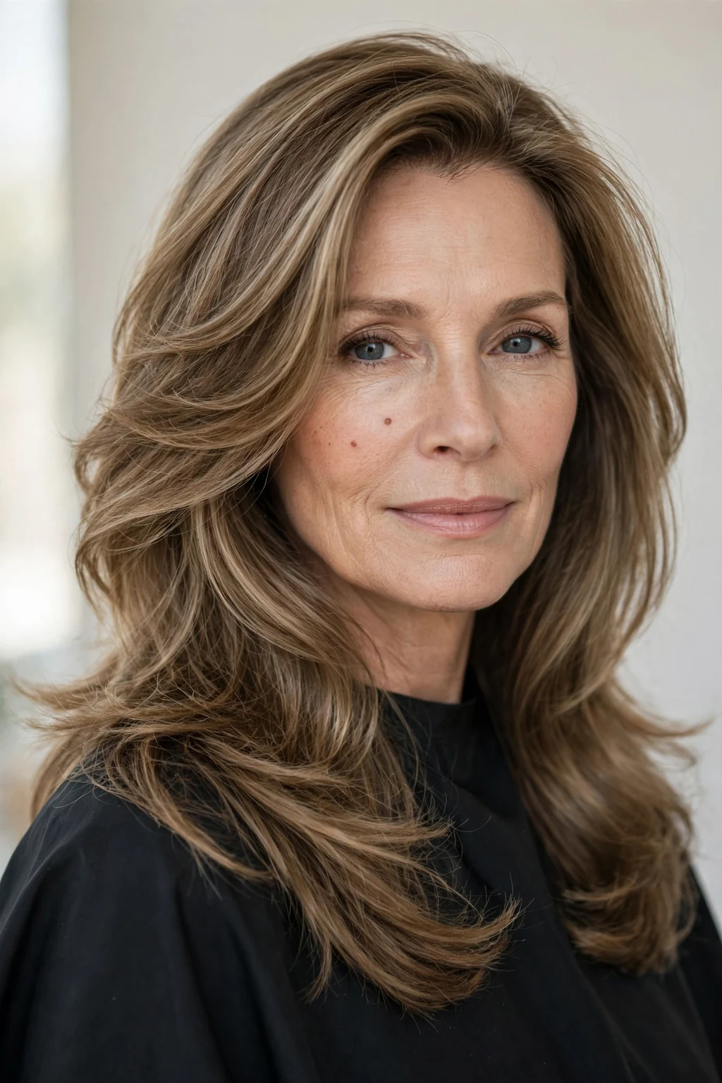 Elegant woman over 50 with classic long layers, beautiful flowing hair, salon light.