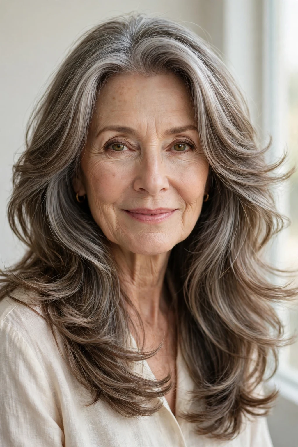 Elegant woman over 60 with classic long layers, beautiful flowing hair, salon light.
