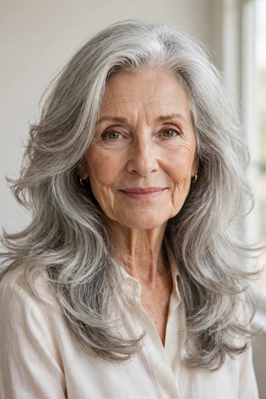 Elegant woman over 70 with classic long layers, beautiful flowing hair, salon light.