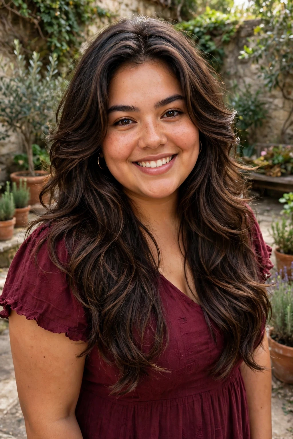 Plus-size Latina woman in her twenties with classic long layers, wearing a burgundy midi dress in a garden courtyard.