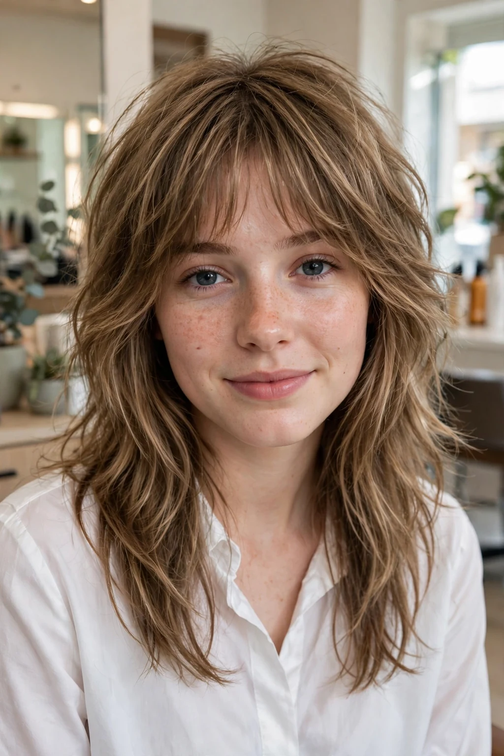 Beautiful woman with classic long shag, timeless long shaggy layers, salon light.