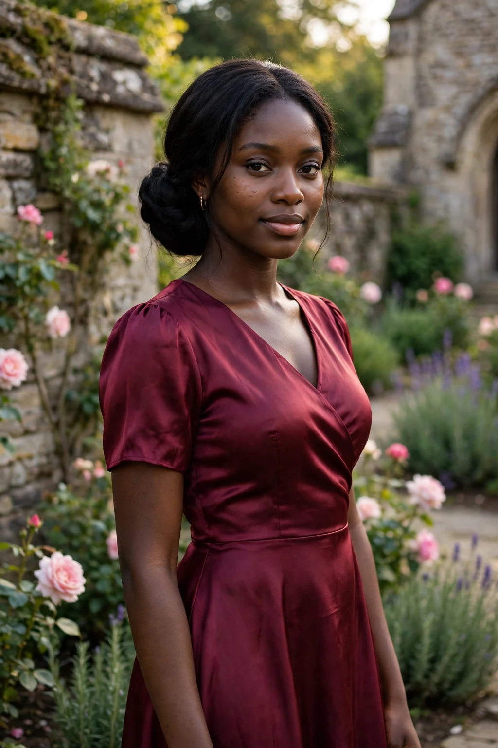 Young woman with a classic low chignon hairstyle at a wedding, wearing a burgundy dress.
