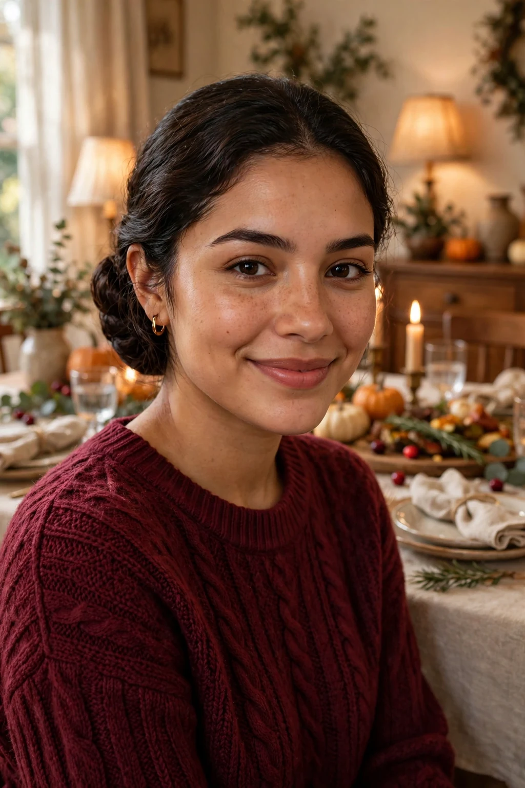 Young woman with a classic low chignon hairstyle at a Thanksgiving dinner table.
