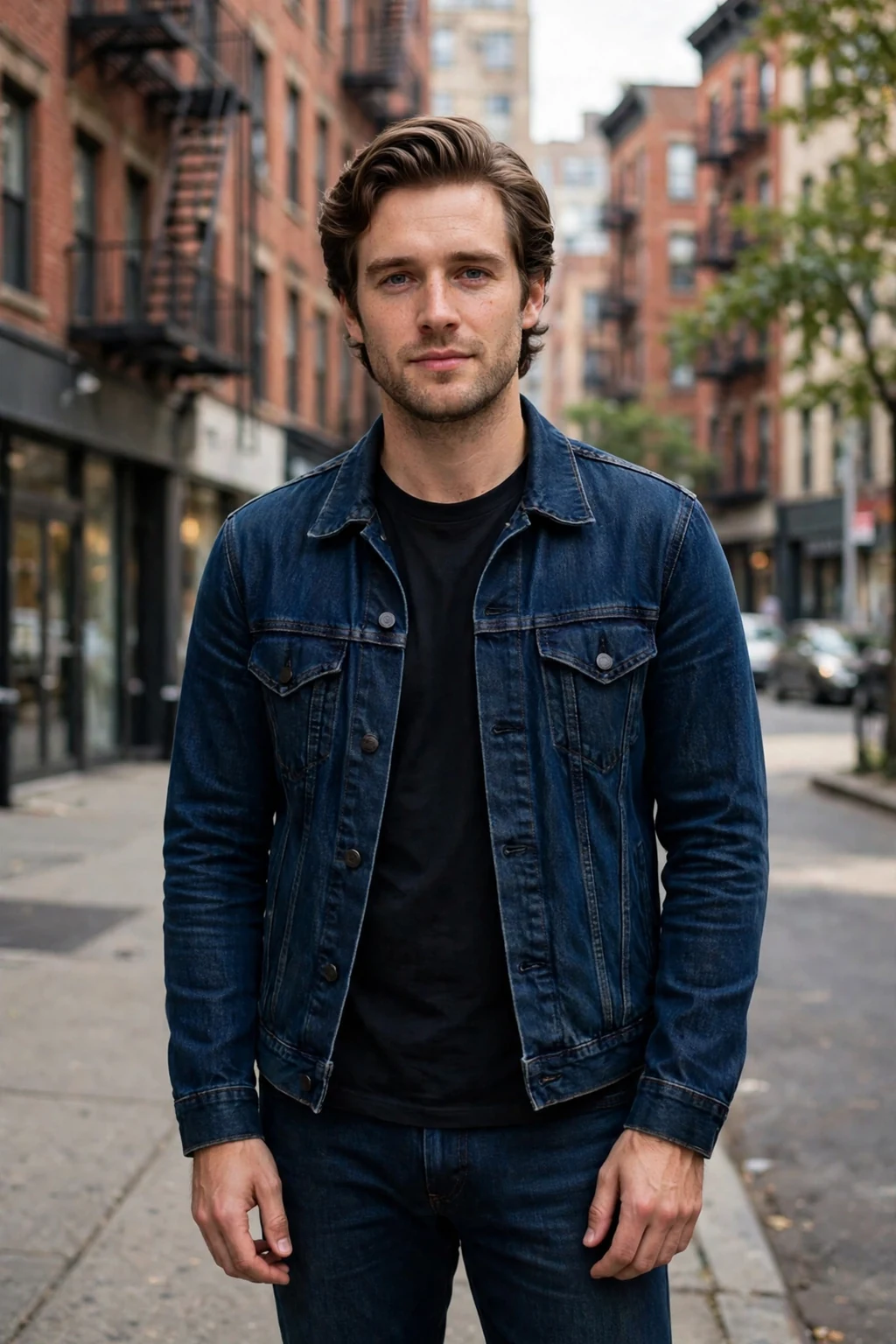 Man with a classic medium flow haircut, hair brushed back with natural movement, standing outdoors.