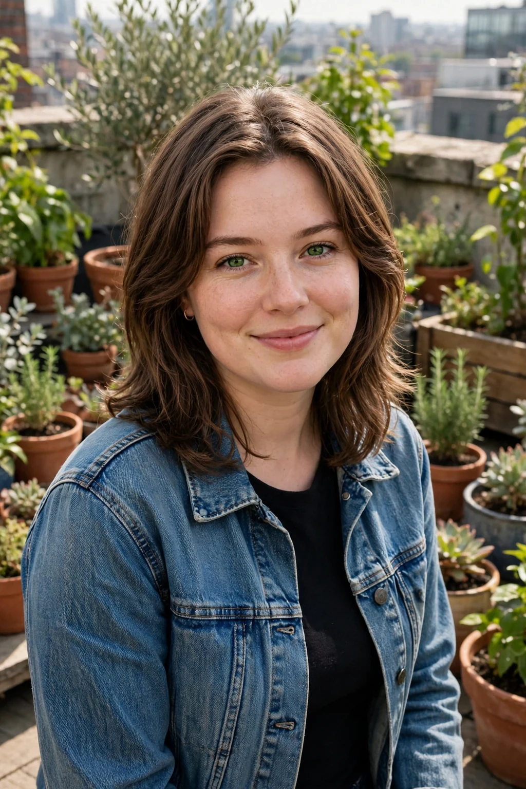 Young woman with a classic medium layered haircut, standing in a rooftop garden wearing a denim jacket.