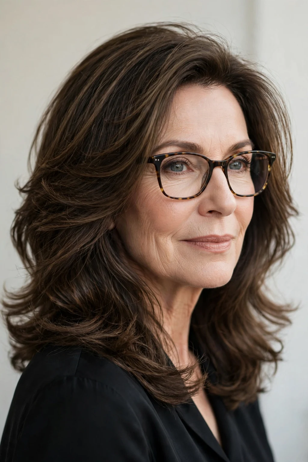 Elegant woman over 50 with glasses and classic medium-length layers, beautiful flowing hair, salon light.