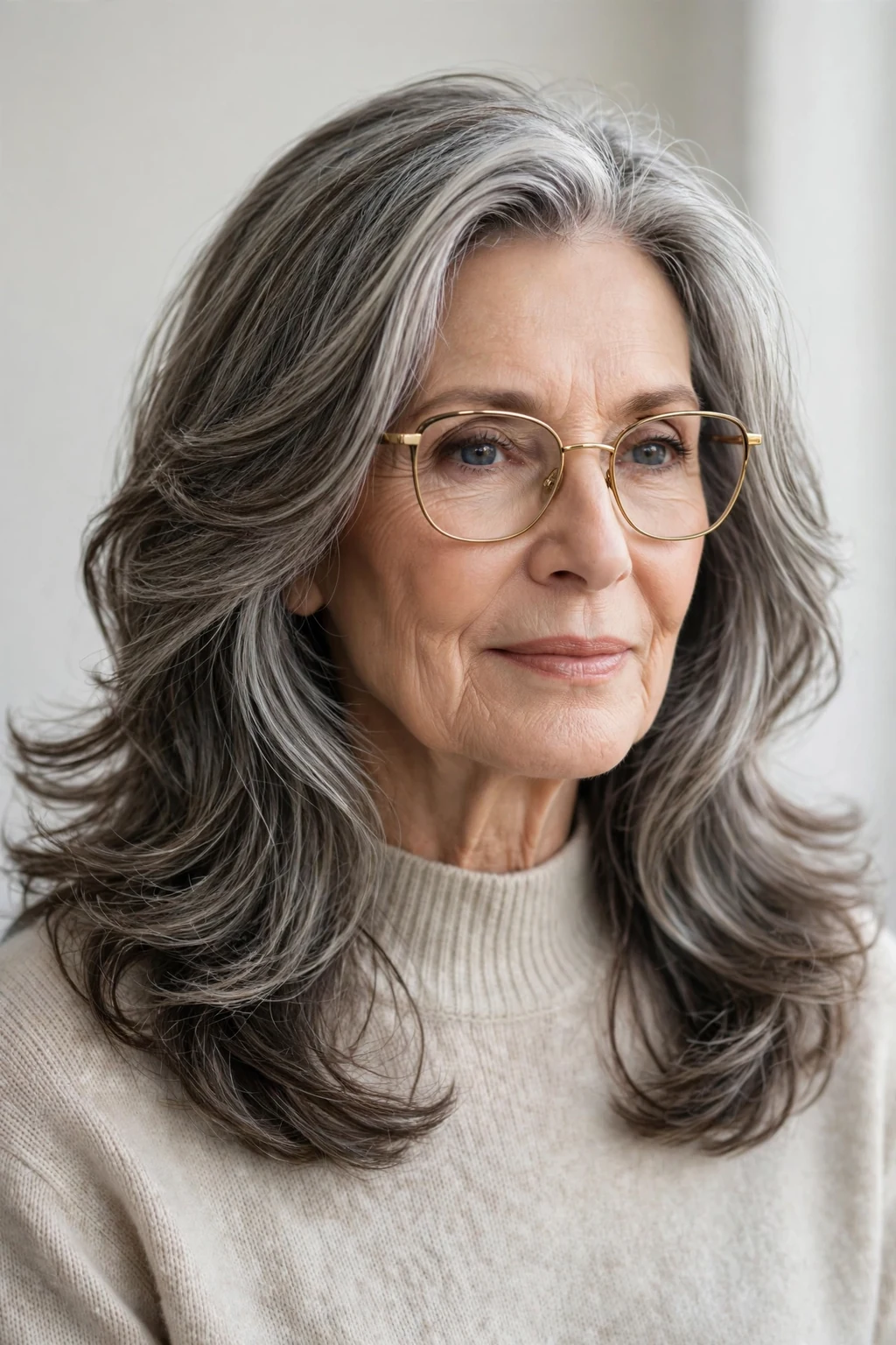 Elegant woman over 60 with glasses and classic medium-length layers, beautiful flowing hair, salon light.