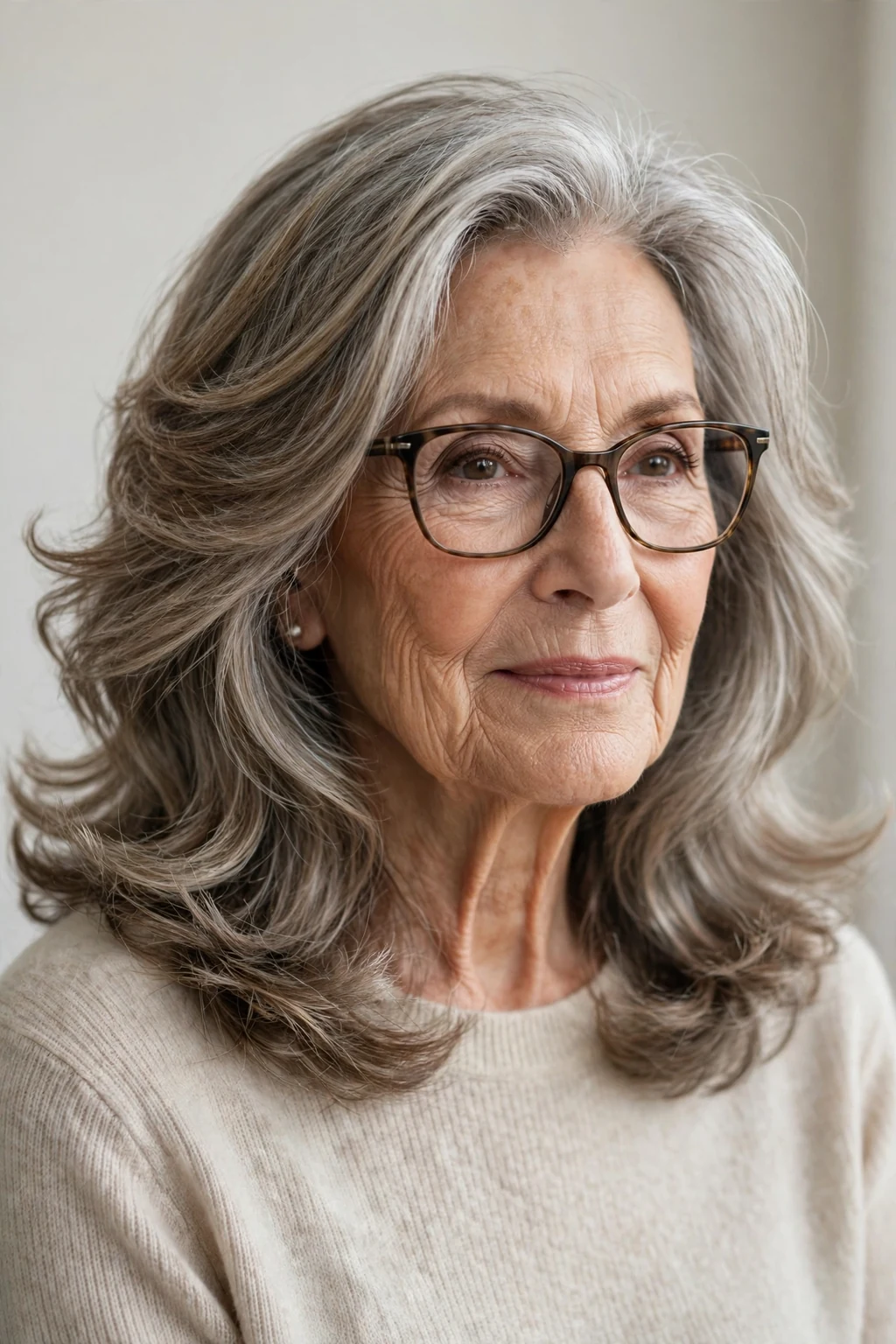 Elegant woman over 70 with glasses and classic medium-length layers, beautiful flowing hair, salon light.
