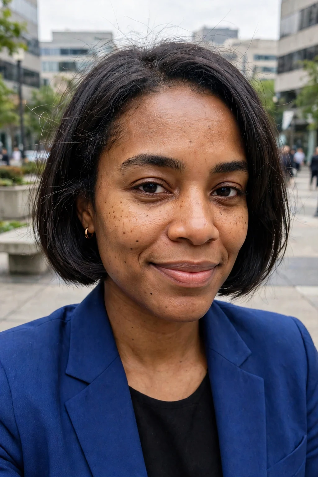 Young professional woman with a classic pageboy bob hairstyle, wearing professional attire in an office setting.