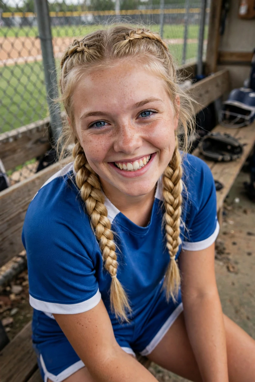 Young woman at a softball game in a team uniform with classic pigtail braids.