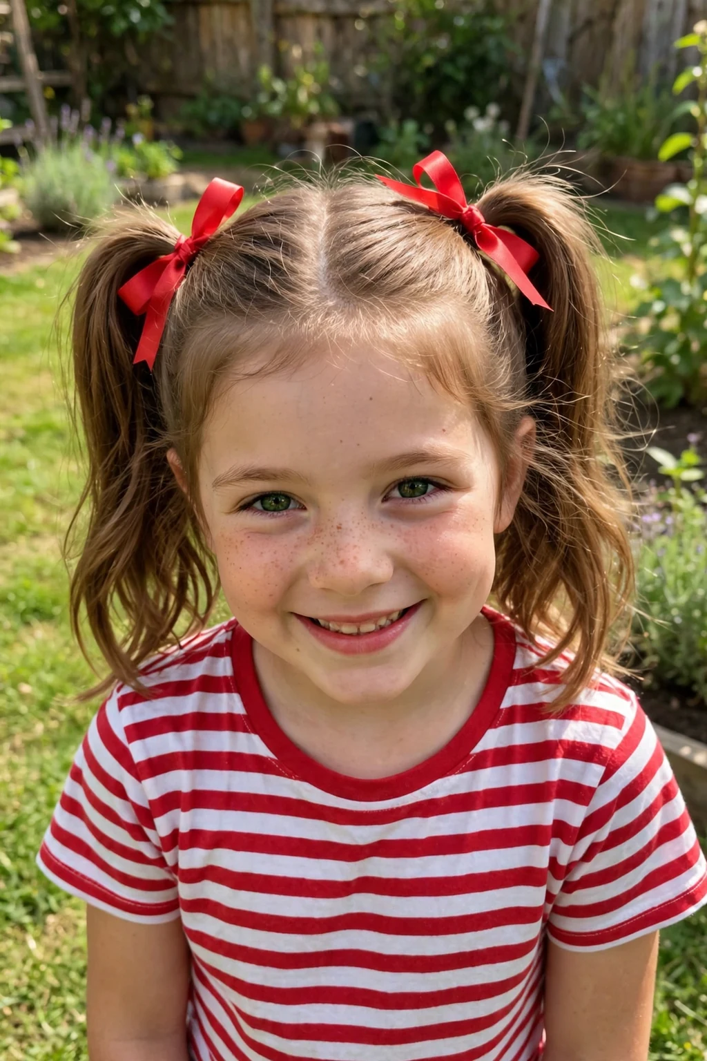 A smiling young girl with classic pigtails tied with red ribbons, playing in a sunny garden.