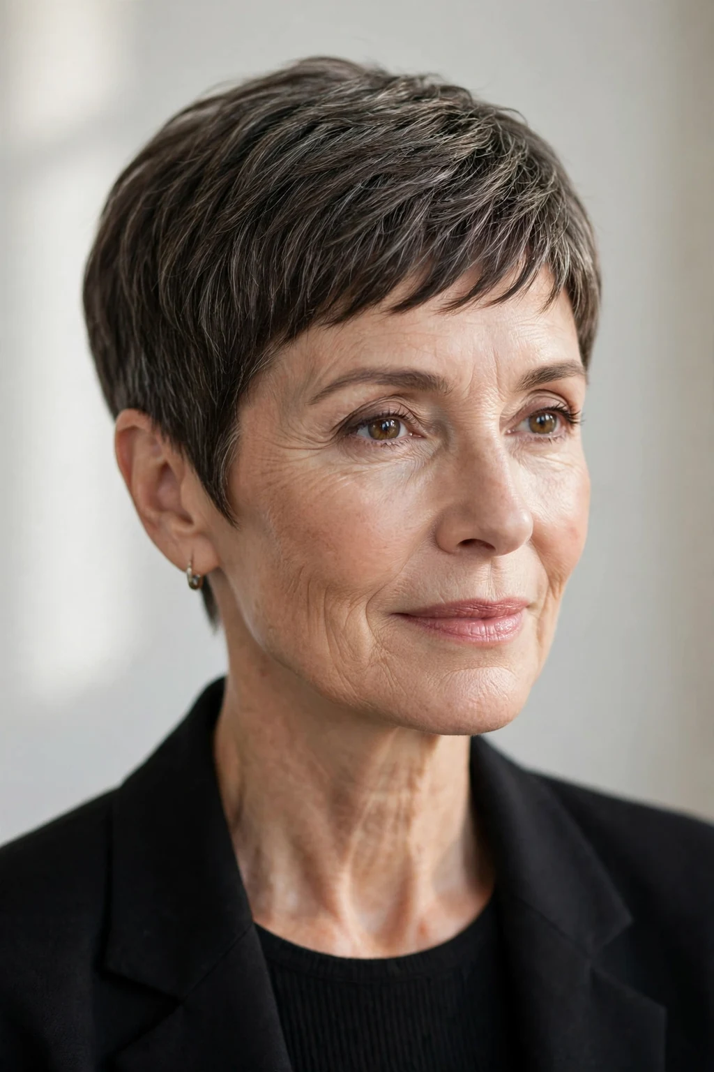 Elegant woman over 50 with classic pixie, timeless beautiful crop, salon light.