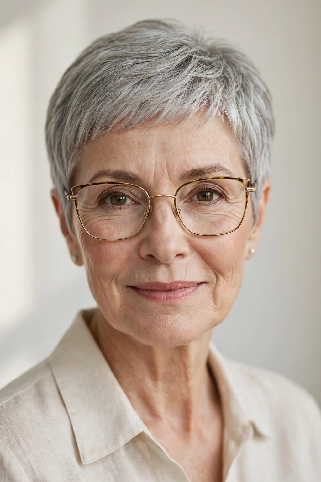 Elegant woman over 60 with glasses and classic pixie, timeless beautiful crop, salon light.