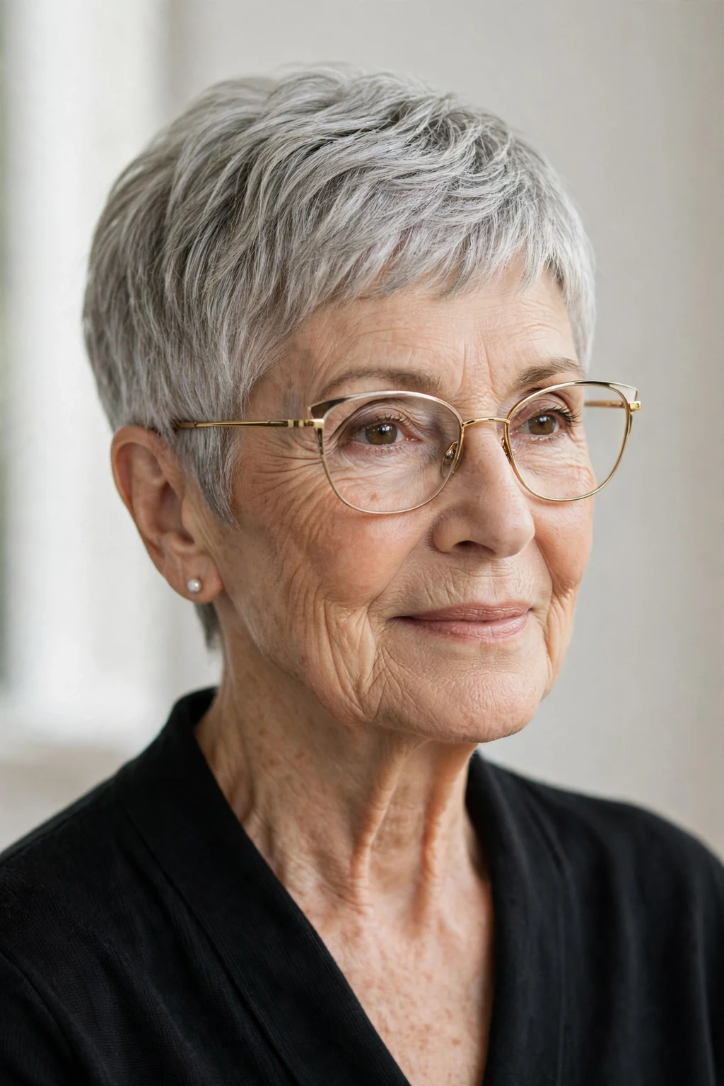 Elegant woman over 70 with glasses and classic pixie, timeless beautiful crop, salon light.
