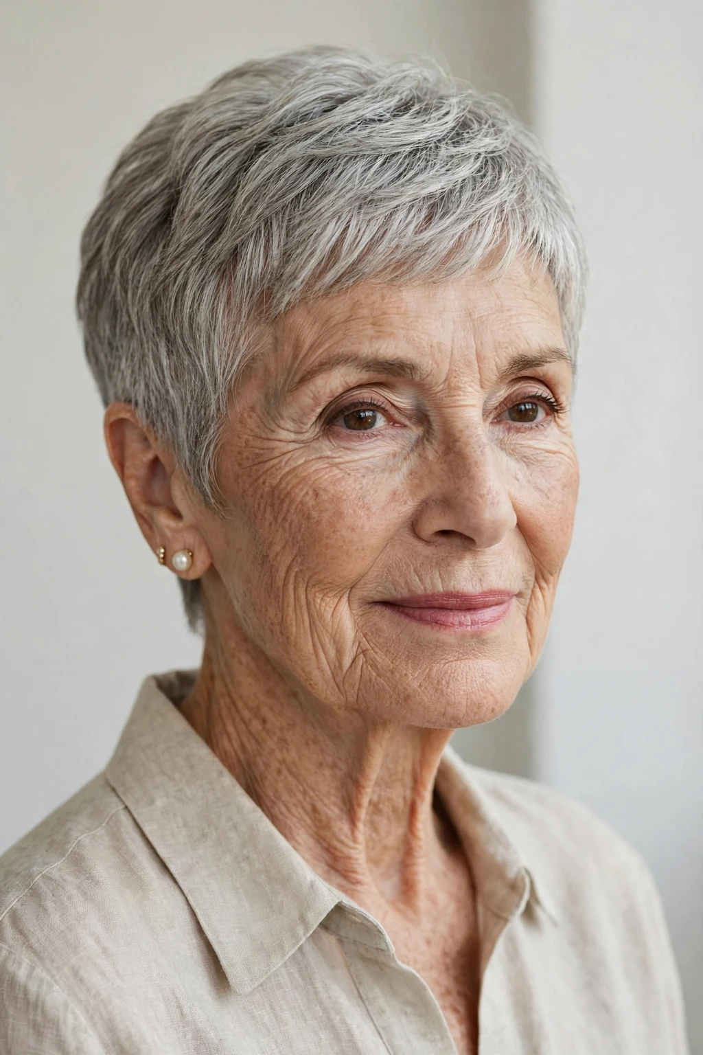 Elegant woman over 70 with classic pixie, timeless beautiful crop, salon light.