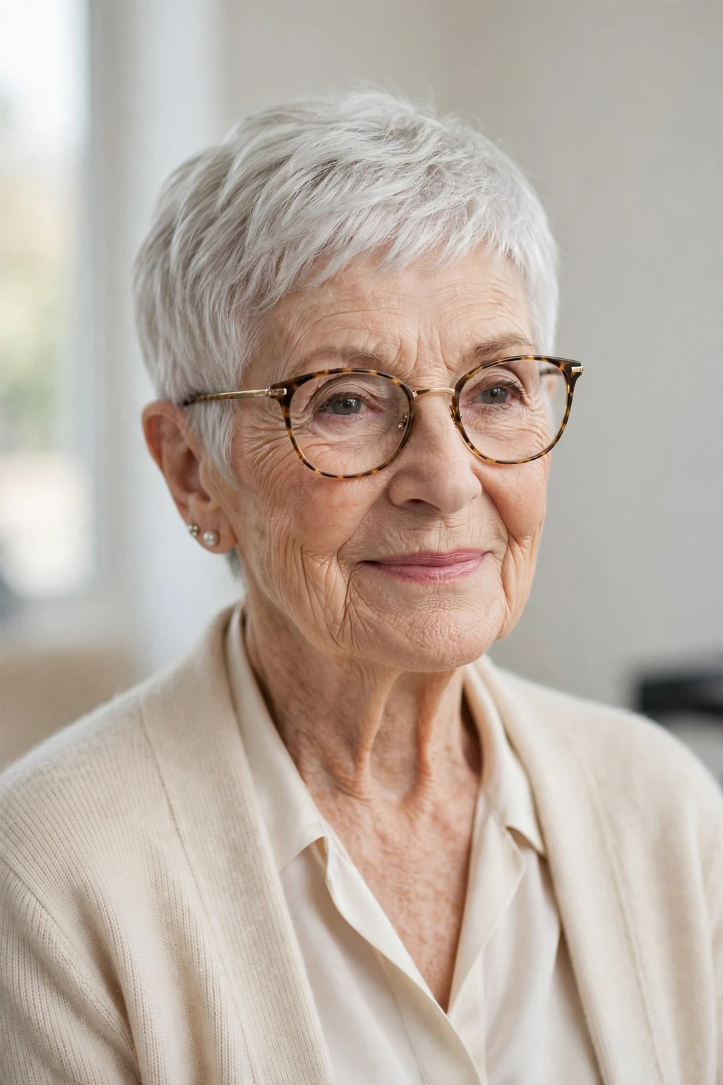 Elegant woman over 80 with glasses and classic pixie, timeless beautiful crop, salon light.