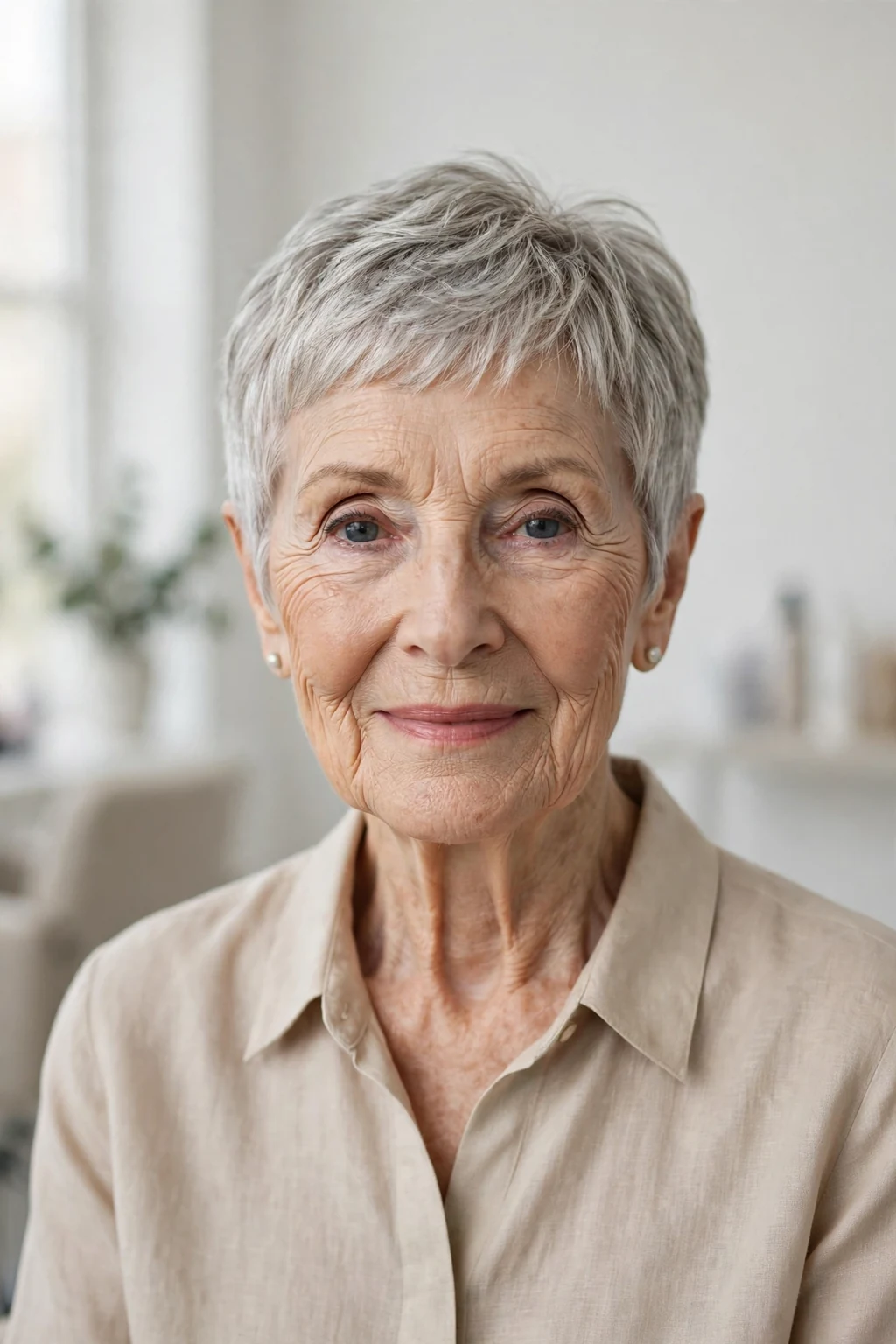 Elegant woman over 80 with classic pixie, timeless beautiful crop, salon light.