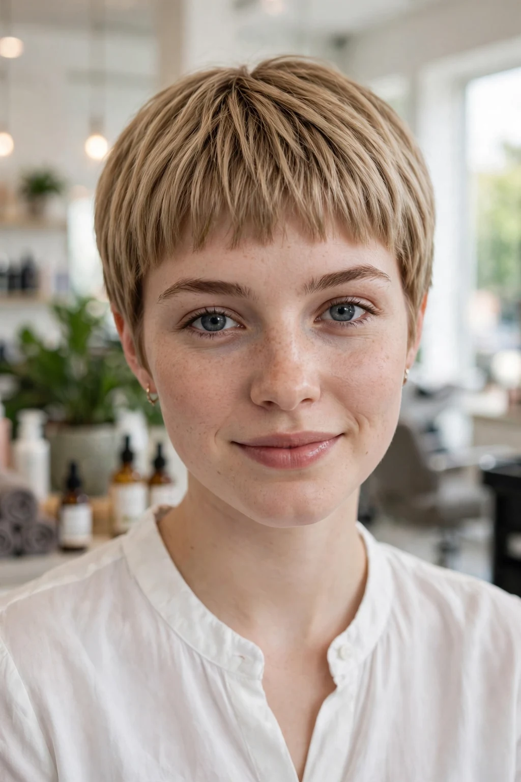 Beautiful woman with classic pixie bangs, timeless pixie bangs, salon light.
