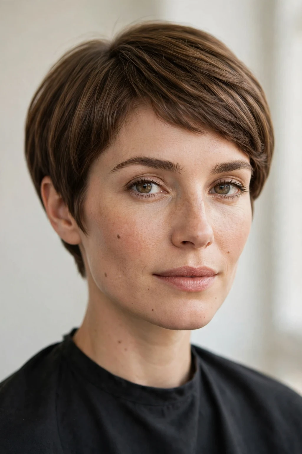Woman with a classic pixie bob, neat short cut with soft shape, salon lighting.