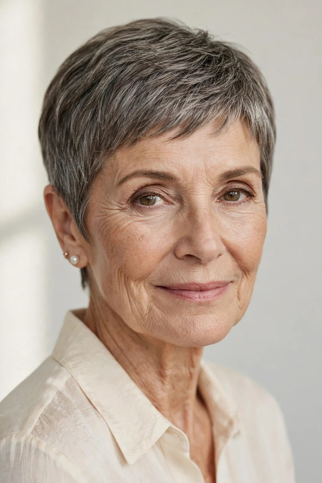 Elegant woman over 60 with classic pixie cut, timeless beautiful crop, salon light.