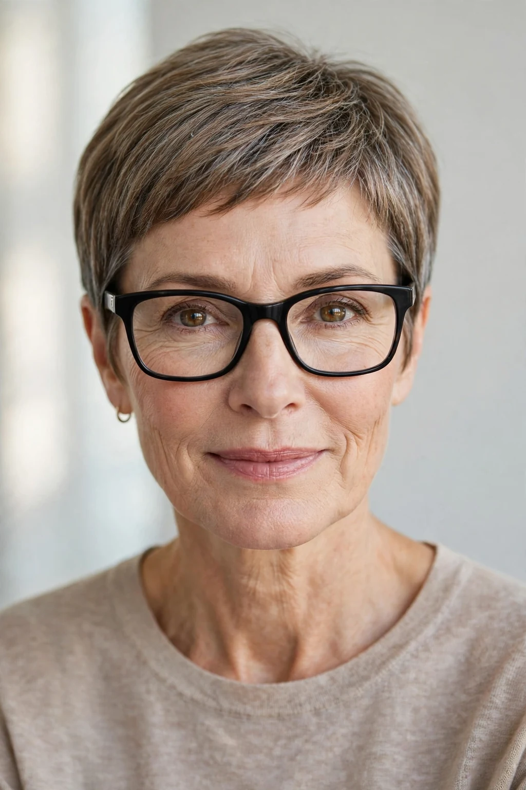 Elegant woman over 50 with fine hair and glasses and classic pixie cut, timeless beautiful style, salon light.