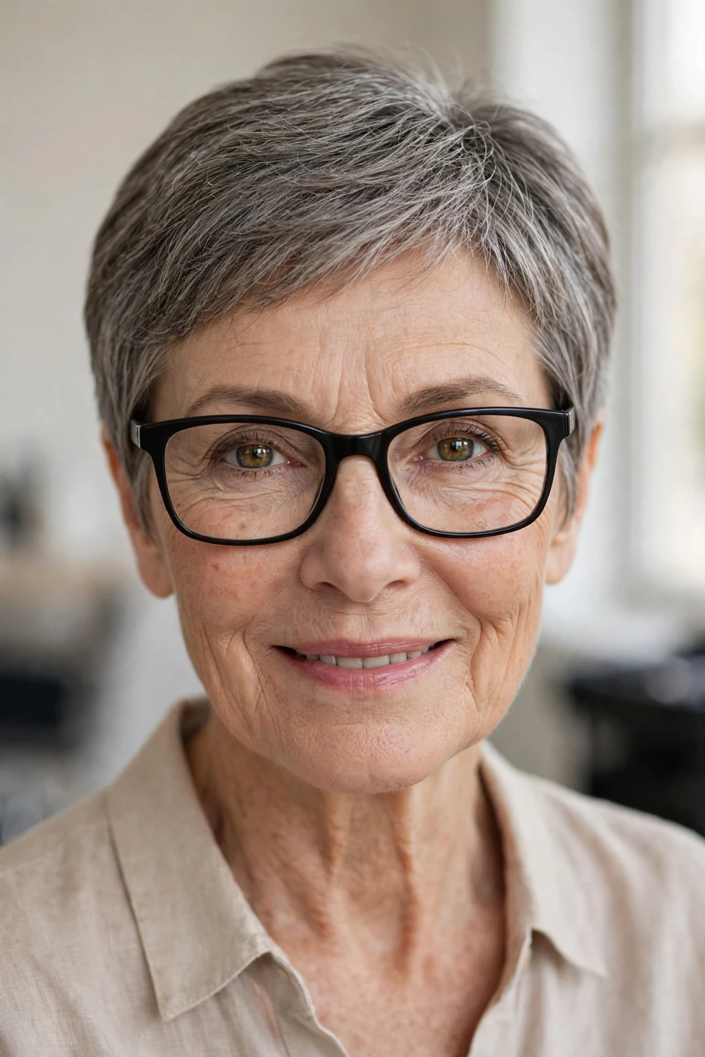 Elegant older woman with fine hair and glasses and classic pixie cut, timeless beautiful style, salon light.