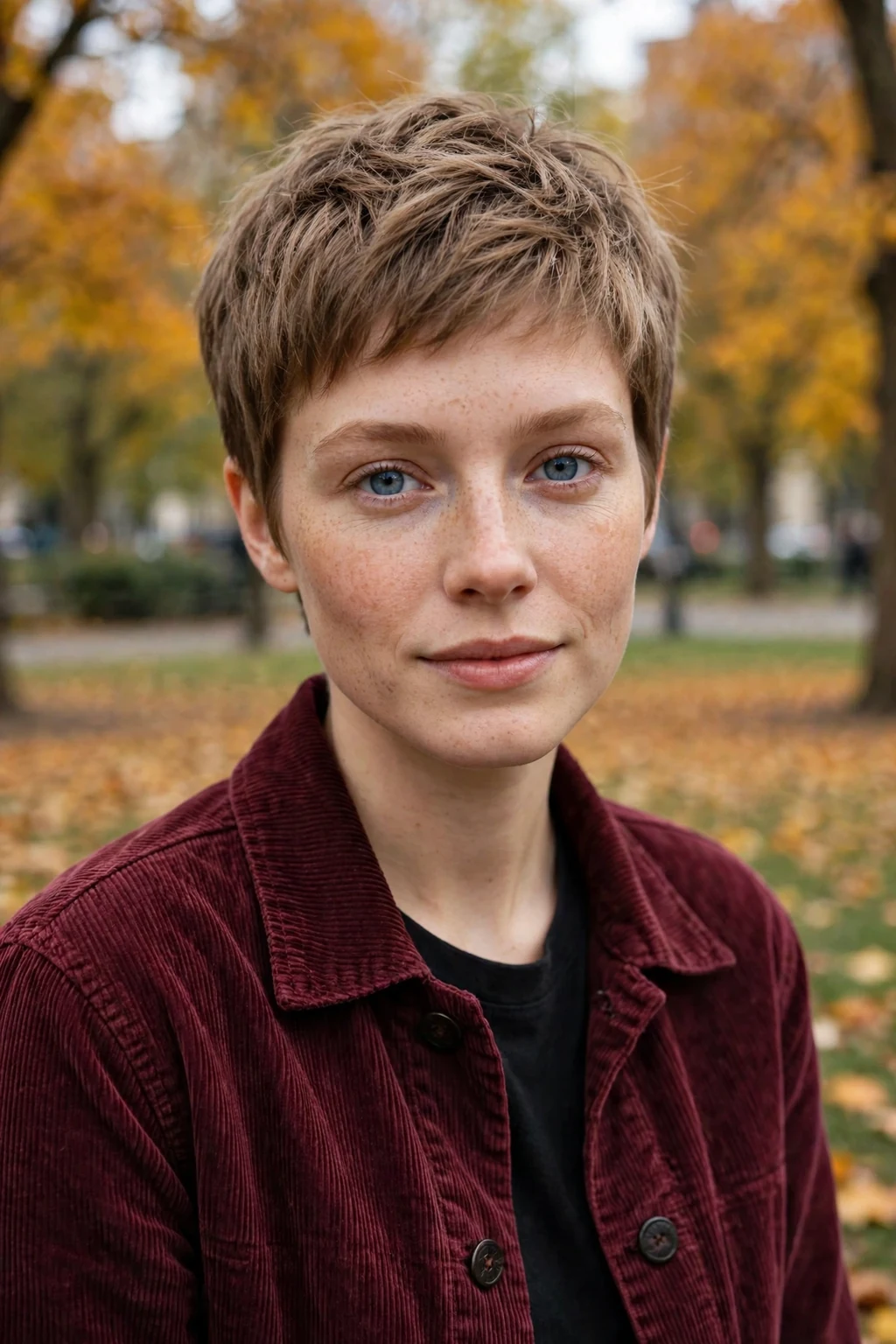 Young woman with a classic pixie cut, short tapered sides and soft textured top, in a city park.