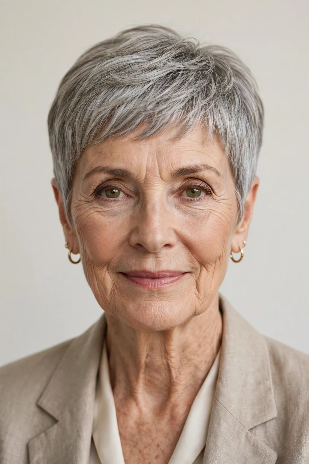 Elegant older woman with classic pixie, timeless beautiful crop, salon light.