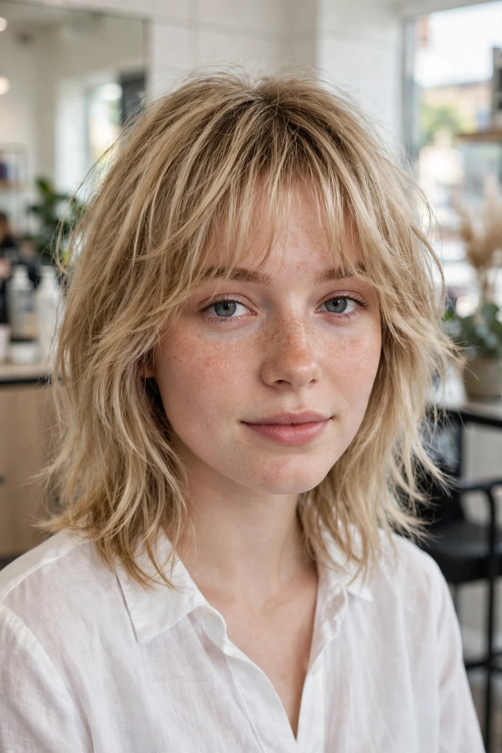 Beautiful woman with fine hair and classic shag, timeless shaggy layers, salon light.
