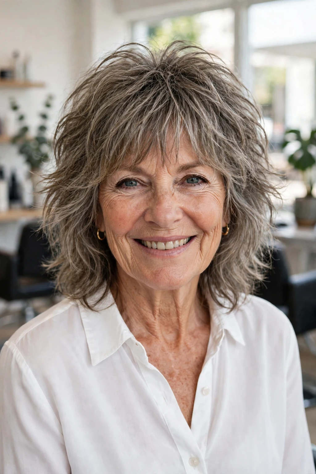 Beautiful woman over 60 with classic shag, timeless shaggy layers, salon light.