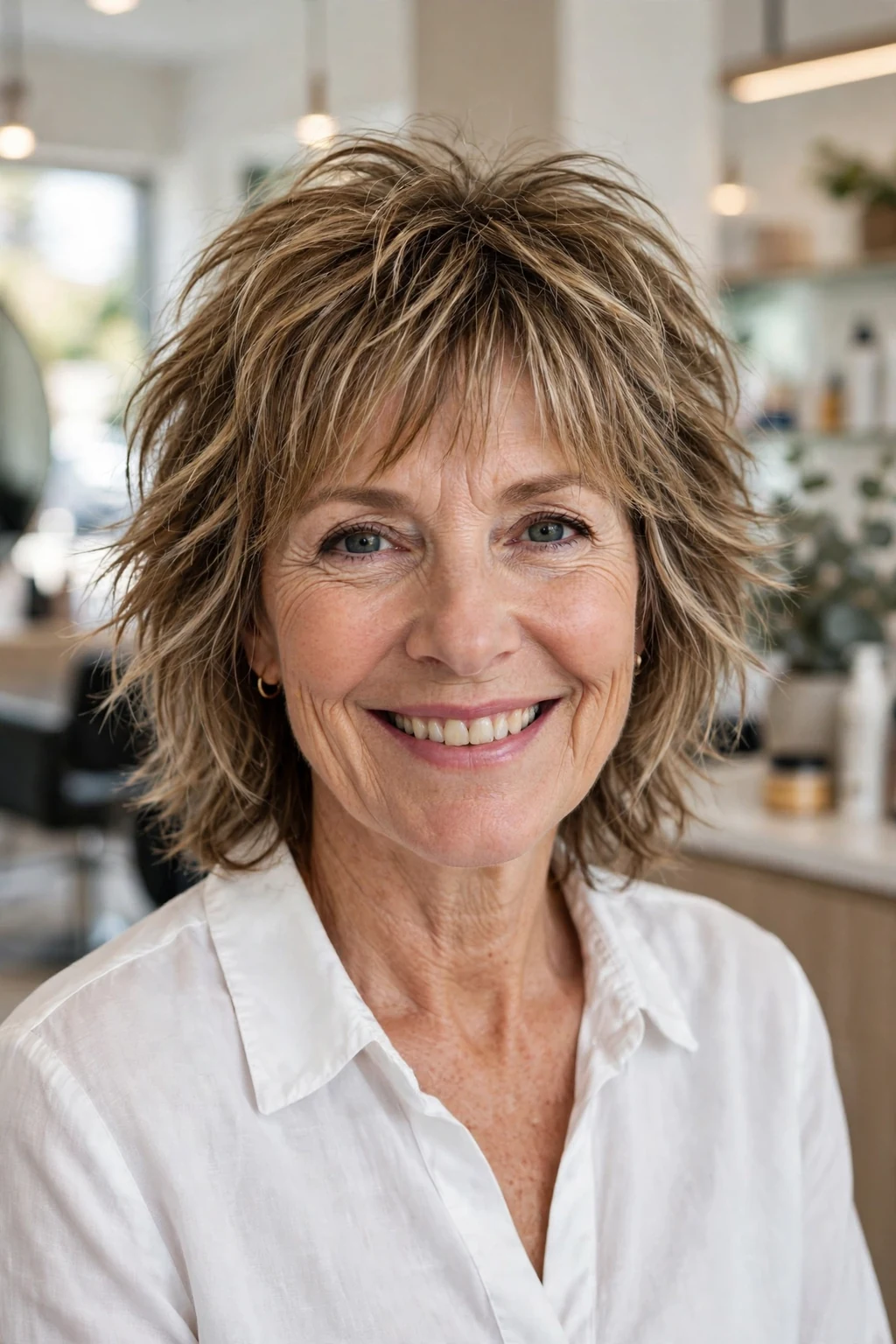 Beautiful woman over 50 with classic shag, timeless shaggy layers, salon light.