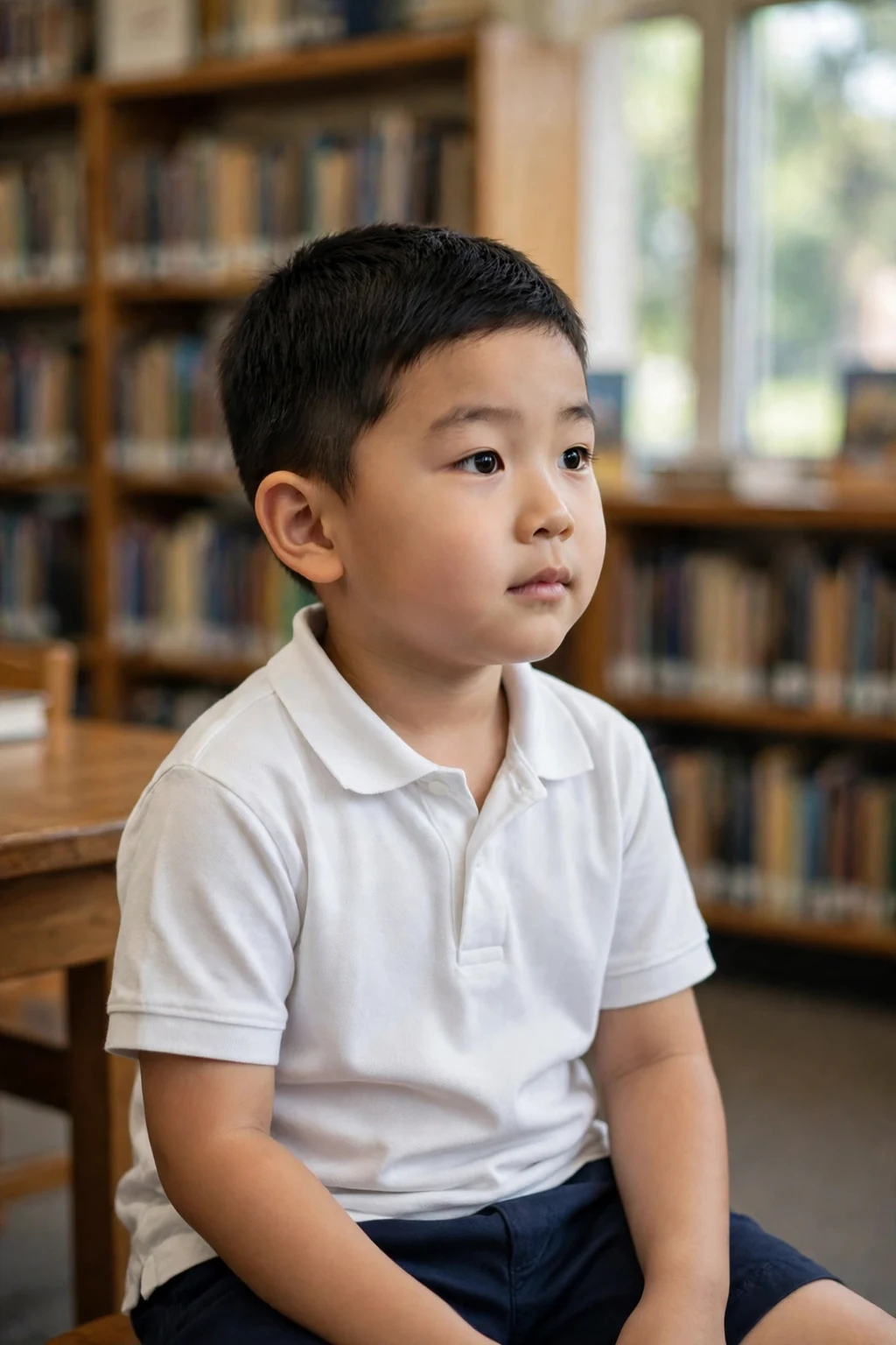 A schoolboy with a classic short back and sides haircut in a library.