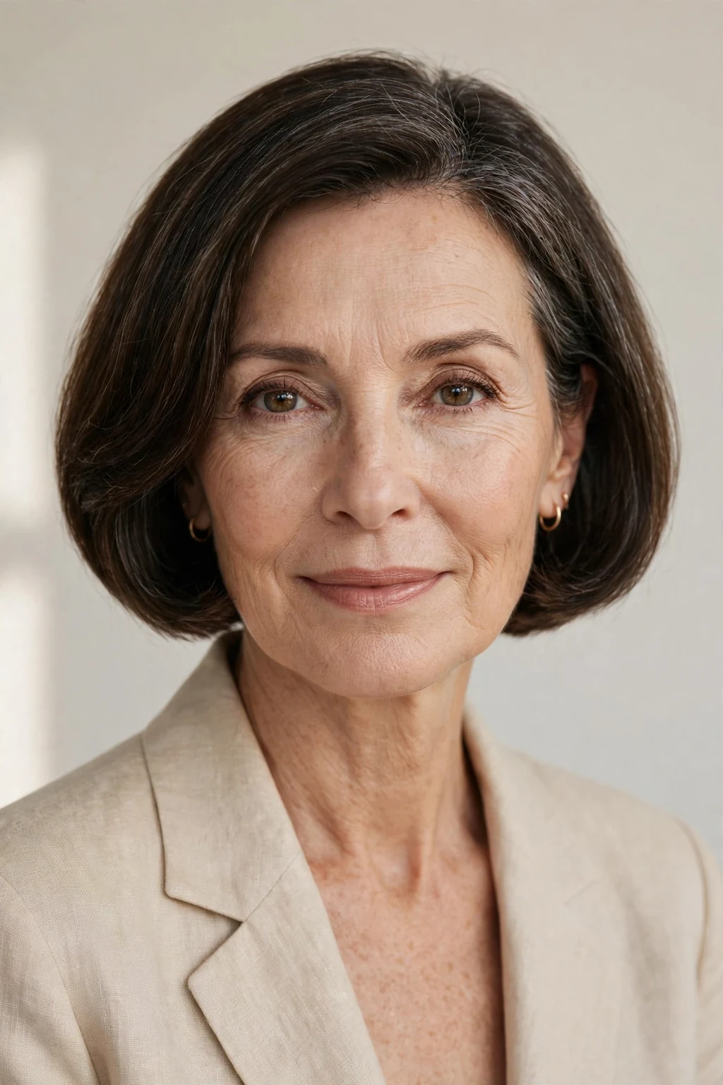 Elegant woman over 50 with classic short bob, timeless beautiful crop, salon light.