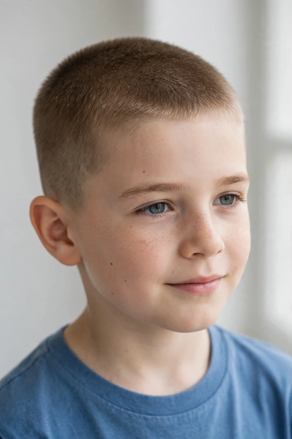 Young boy with classic short crop haircut, neat even cut, soft studio light.