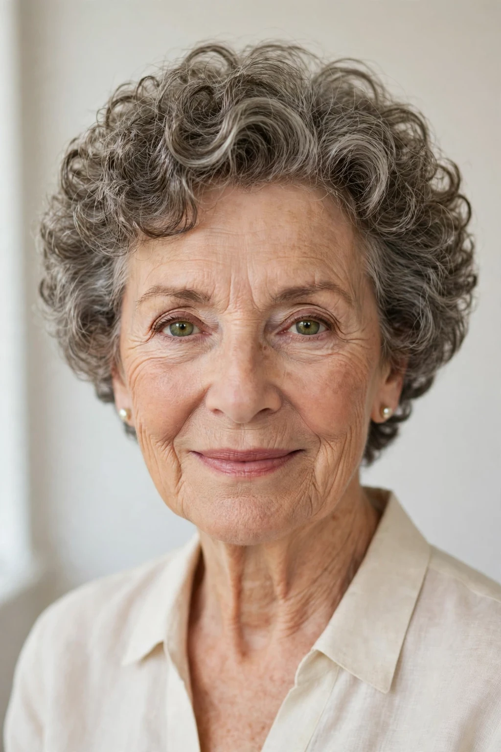 Elegant woman over 60 with classic short curly cut, timeless bouncy curls, salon light.