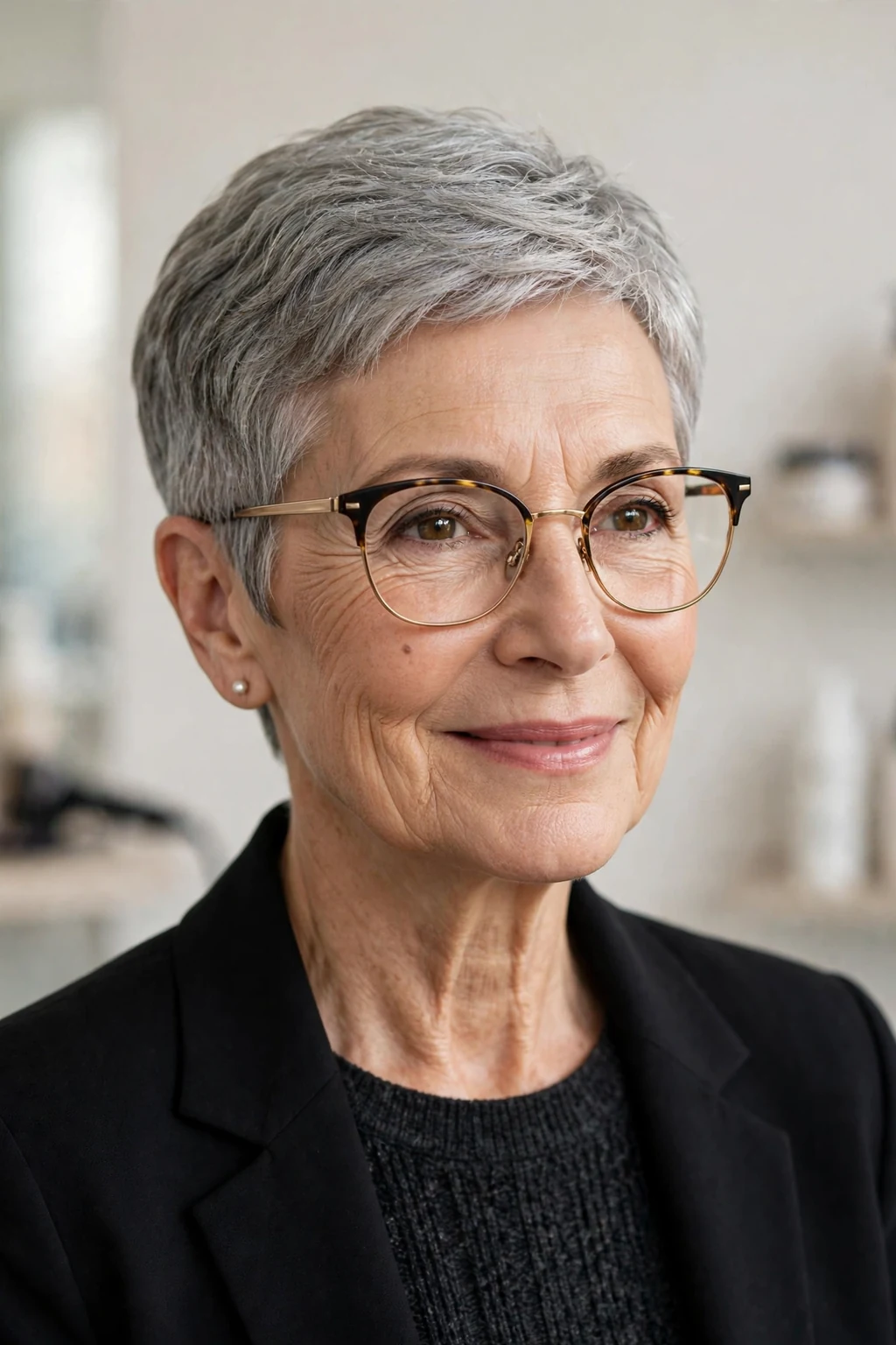 Elegant woman over 60 with glasses and classic short cut, timeless beautiful crop, salon light.