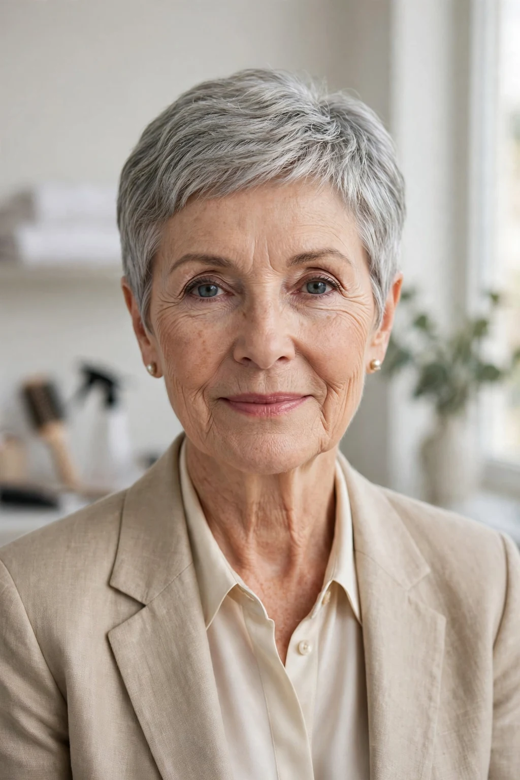 Elegant woman over 60 with classic short cut, timeless beautiful style, salon light.