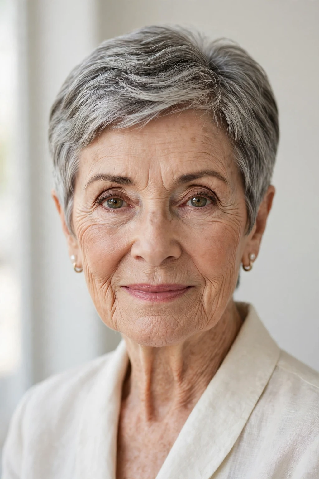 Elegant woman over 70 with classic short cut, timeless beautiful style, salon light.